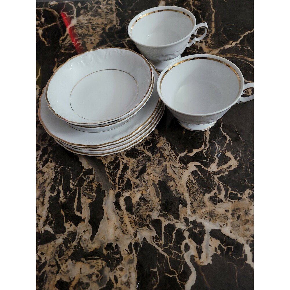 8 Set Vintage Royal Kent Poland  Cups, Saucer and Bowl WHITE Gold Trim Scrolls